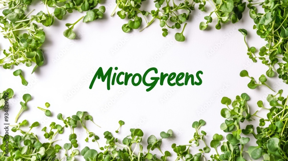different microgreens on a white background form a frame with space for text. Healthy food concept, culinary trend