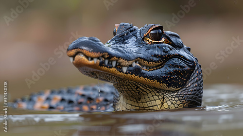 Amazon Black Caiman submerged in water, only its eyes and snout visible above the surface