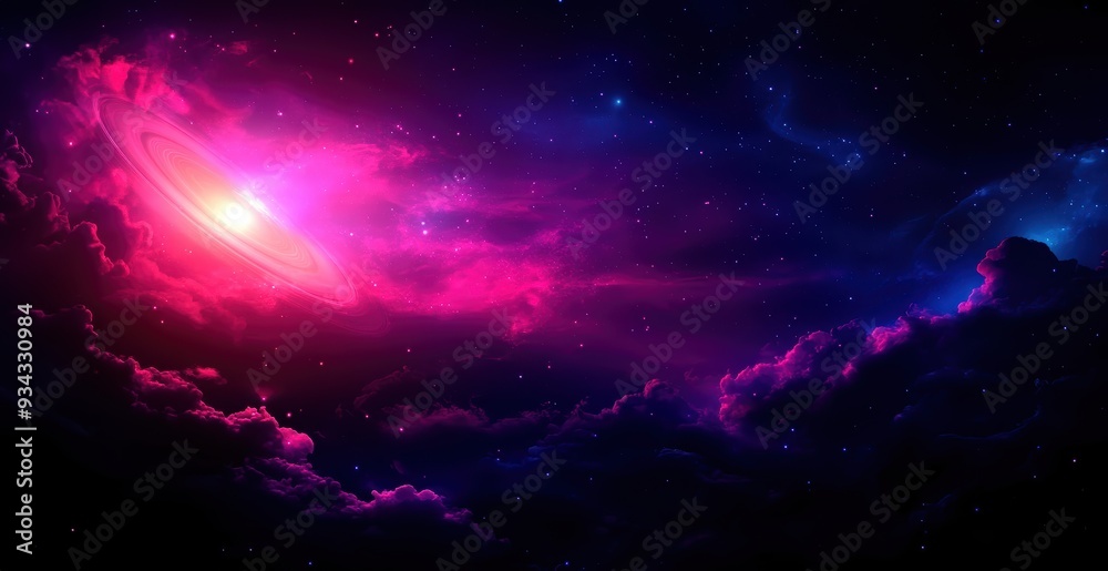 A vibrant cosmic scene showcasing a swirling galaxy with brilliant pink and blue hues against a starry backdrop. A vibrant cosmic scene showcasing a swirling galaxy with brilliant pink and blue hues against a starry backdrop.