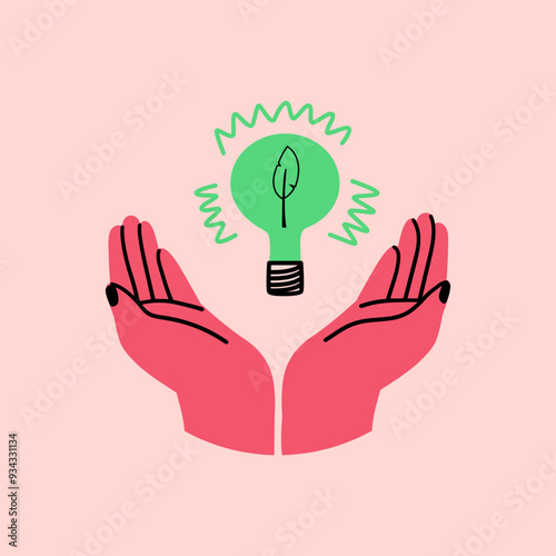 Green energy concept. Open palms and green light bulb. Vector illustration