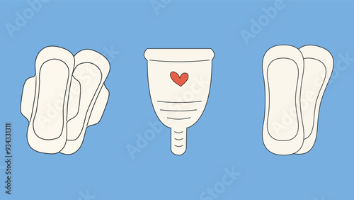 A set of intimate feminine protection products. Menstrual cup, pad and panty liner
