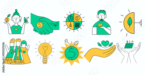 Esg concept doodle sticker pack. Collection of conceptual graphic icons. Set symbols about environmental, social governance and  sustainability.