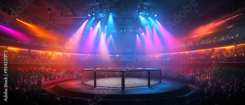 A stadium full of people watching a mixed martial arts fight. The lights are bright and colourful.