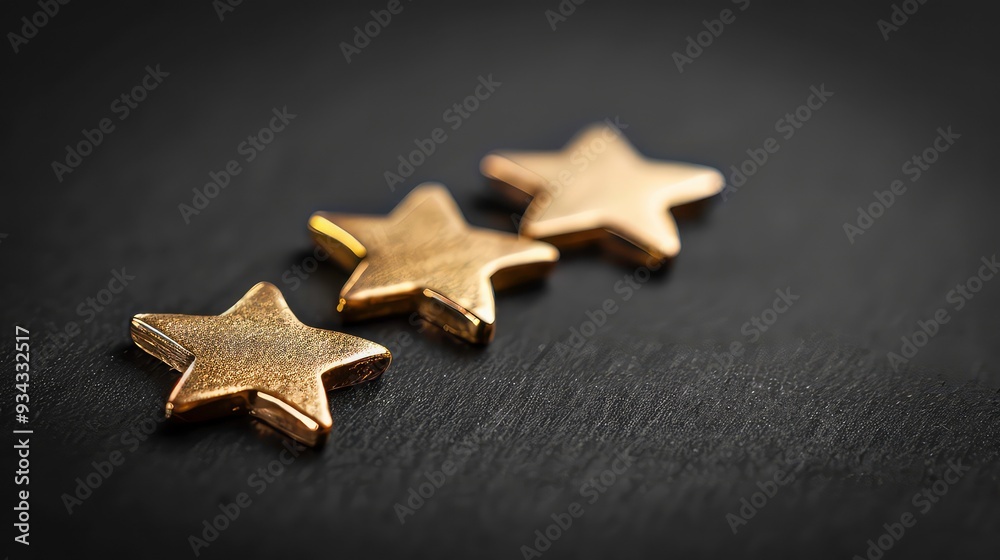 Three golden stars arranged in a row on a black surface, close-up, selective focus. Three golden stars arranged in a row on a black surface, close-up, selective focus.