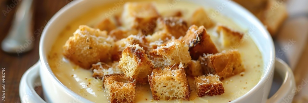 Creamy cheese soup topped with crunchy croutons for dinner. Creamy cheese soup topped with crunchy croutons for dinner.