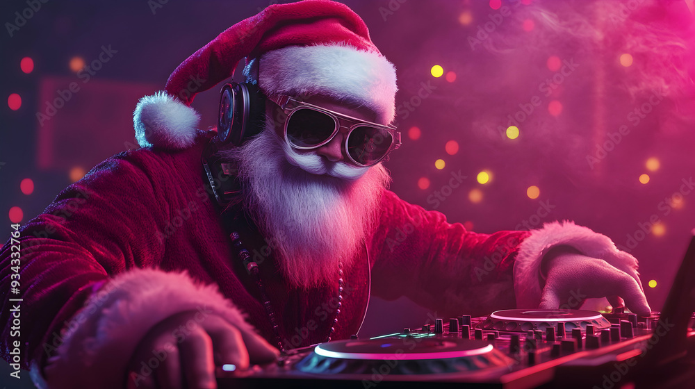 Coclit Santa Rapper Santa Claus as a disc jockey, a pub setting illuminated by neon lights ...