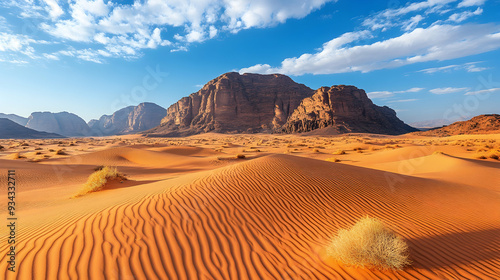 A Sand dunes in the desert foreground with Tuwaiq Mountain in the background, Central Arabia, Saudi Arabia.ai
