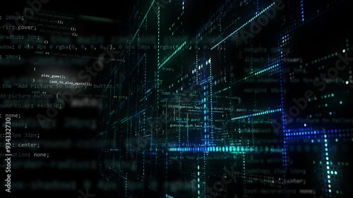 futuristic 3d grid animation with programming code and electrical dots pattern. Glowing elements and flickering data