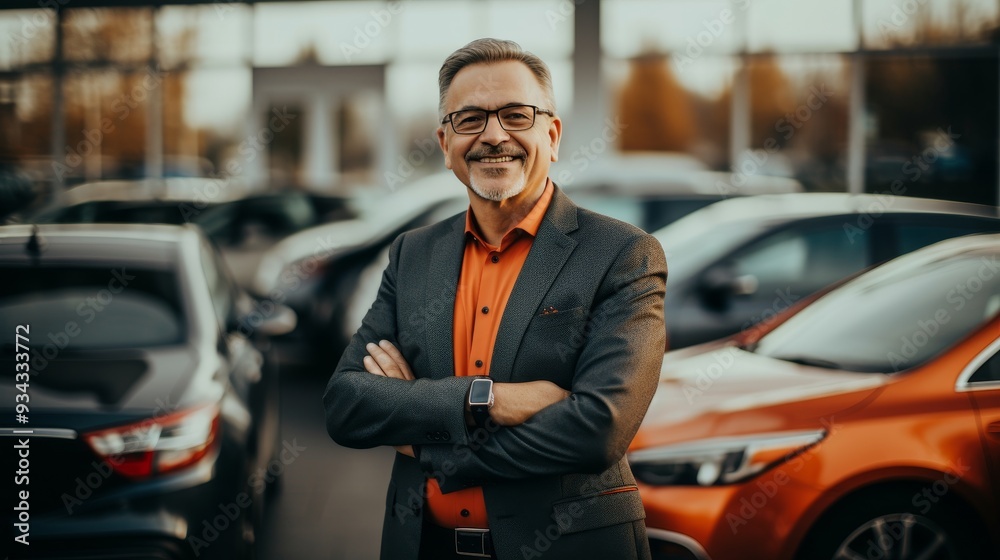 Smiling man with car keys in dealership, new vehicles in background, concept of purchasing a vehicle Smiling man with car keys in dealership, new vehicles in background, concept of purchasing a vehicle