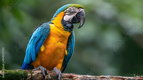 Amazon Blue-and-yellow Macaw perched on a branch, its vibrant colors standing out against the green