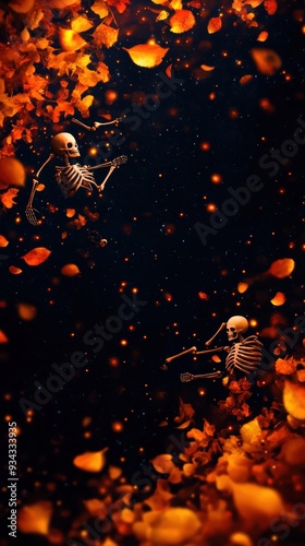 A whimsical scene of skeletons surrounded by vibrant orange leaves, evoking a playful Halloween atmosphere.