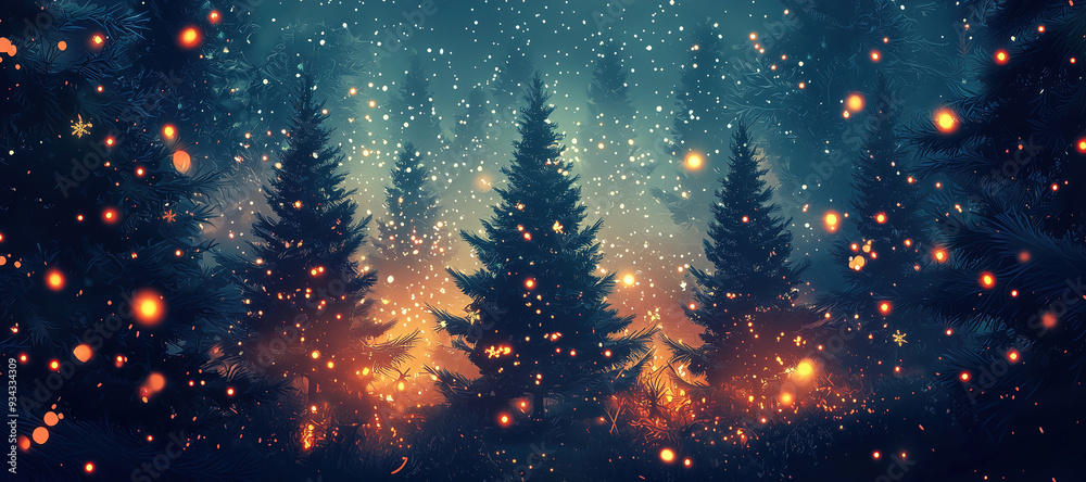 Naklejka premium Sparkling Christmas trees in a magical winter forest with glowing lights and falling snow at night