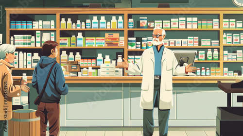 The pharmacist explains medication options to two customers in a busy pharmacy setting with shelves full of products photo