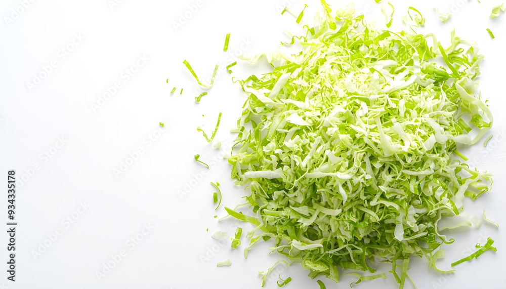 Pile of shredded fresh Chinese cabbage isolated on white, top view.