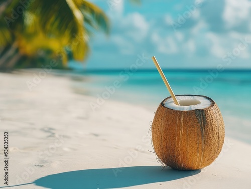 Tropical Coconut Cocktail on White Beach with Ocean and Palm Trees