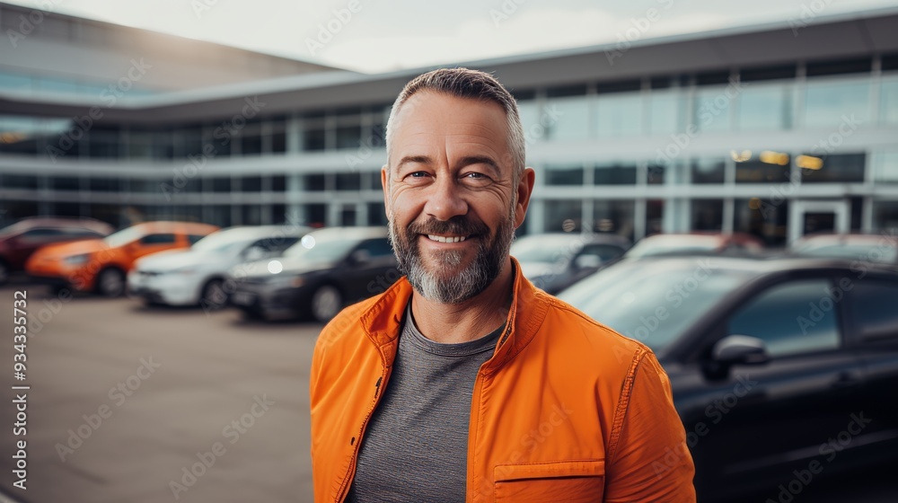 Fototapeta premium Smiling man with car keys in showroom, new cars in background, concept of vehicle purchase