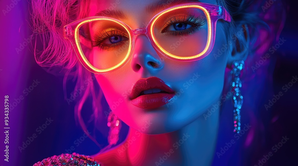 Obraz premium Elegant 80s Woman in Fancy Dress with Neon Accessories, Showcasing the Diversity and Luxury of 1980s Female Fashion
