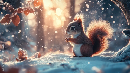 Enchanting Anime Winter Forest: Adorable Squirrel in Snowy Wonderland photo