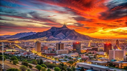 Vibrant cityscape of El Paso, Texas, at dusk, featuring the iconic star on Mount Franklin, against a warm orange and pink sunset sky. photo