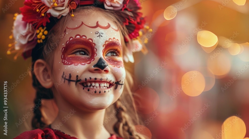 A young girl with Dia de los Muertos face paint and a colorful flower wreath, smiling. happy childhood. space for text A young girl with Dia de los Muertos face paint and a colorful flower wreath, smiling. happy childhood. space for text
