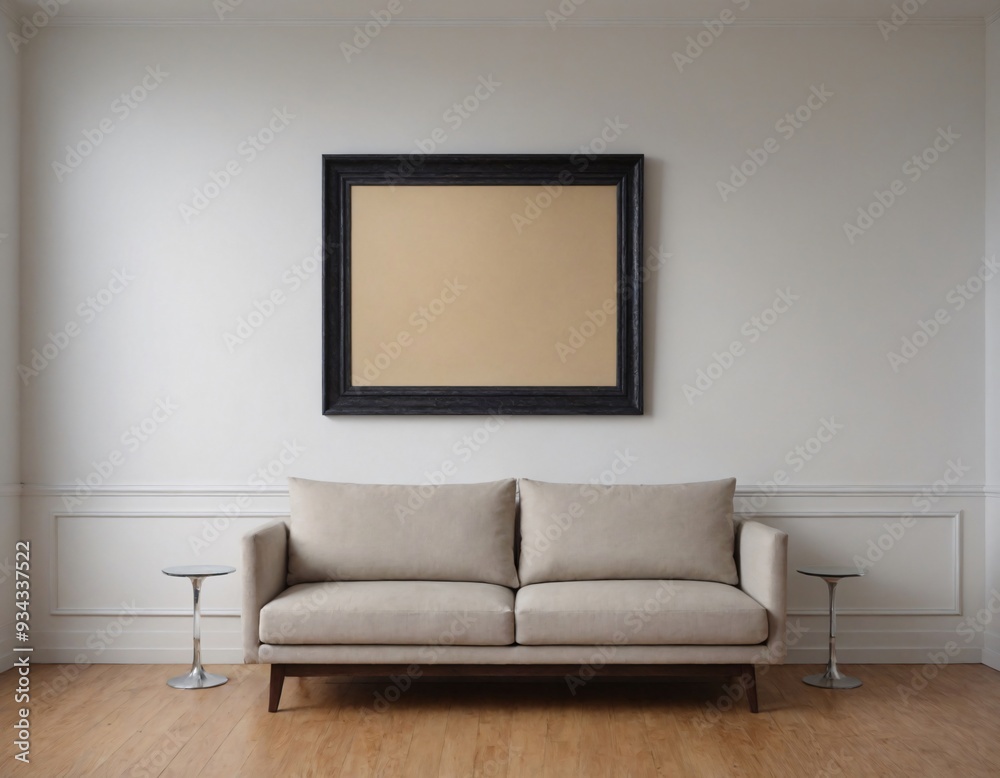 High-resolution interior image of the room with empty photo frame mockup on the front wall, a two-seater sofa on the wooden flooring interior design. High-resolution interior image of the room with empty photo frame mockup on the front wall, a two-seater sofa on the wooden flooring interior design.