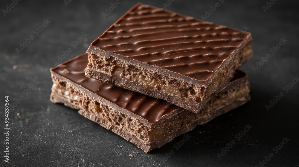 A sliced chocolate wafer set against a dark backdrop, isolated A sliced chocolate wafer set against a dark backdrop, isolated