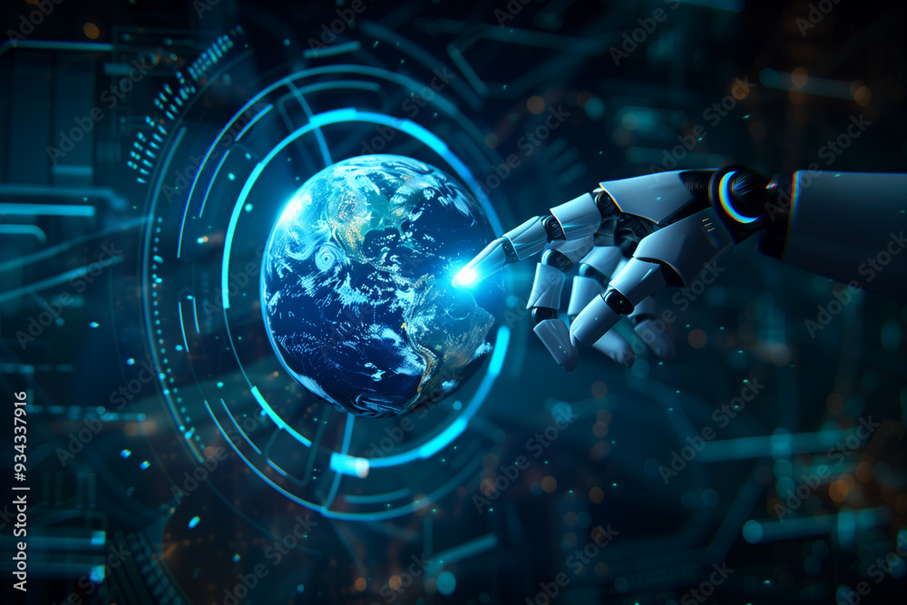 Fototapeta premium Robot hands touching hologram globe on a digital displaying under futuristic neon lights. Science and artificial intelligence technology. Generative AI.