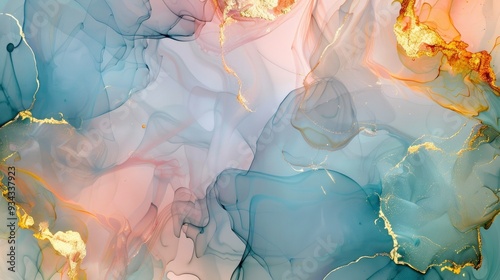 Natural luxury abstract fluid art painting in alcohol ink technique. Tender and dreamy wallpaper. Mixture of colors creating transparent waves and golden swirls. For posters, other printed, ai