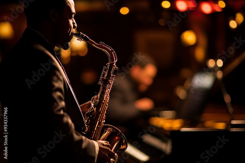 A jazz trio performs in a dim club, highlighting a skilled saxophonist in the spotlight, with a pianist blending harmony in the background, filling the venue with soulful tunes photo