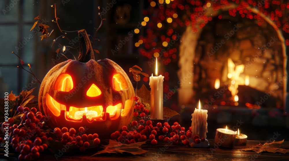 Smiling jack-o-lantern with glowing candlestick, surrounded by candles, and warm fireplace Smiling jack-o-lantern with glowing candlestick, surrounded by candles, and warm fireplace
