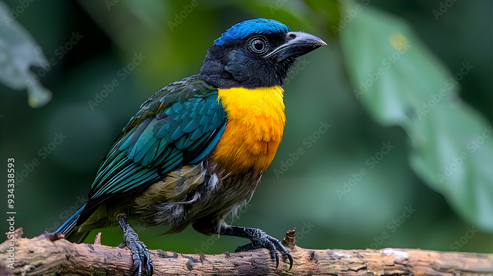 Fototapeta premium Amazon Blue-crowned Trogon perched on a branch, its vibrant colors standing out against the green