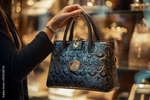 A shopper carefully inspects a luxury handbag in a stylish boutique, captivated by its intricate design and elegant features, highlighting its premium quality and craftsmanship photo