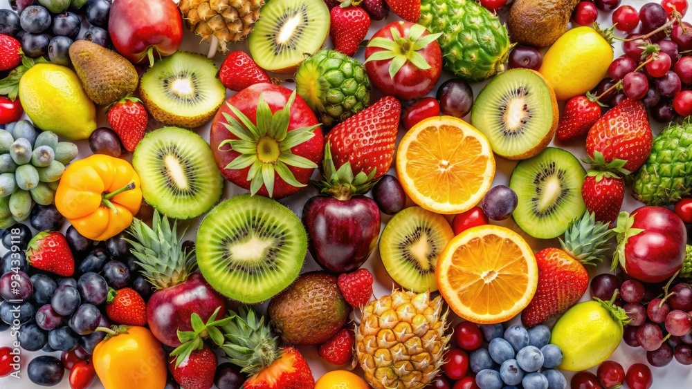 Vibrant colorful fruits arranged artfully from a bird's eye view, featuring ripe strawberries, grapes, kiwi, and pineapple, against a clean white background. Vibrant colorful fruits arranged artfully from a bird's eye view, featuring ripe strawberries, grapes, kiwi, and pineapple, against a clean white background.