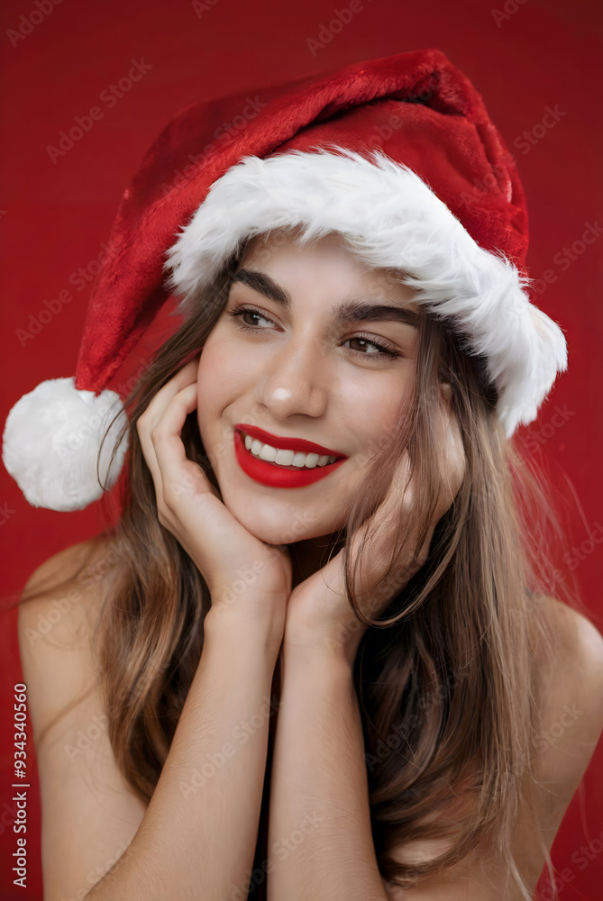 Young Woman with Long Wavy Brown Hair Wearing a Santa Hat, Smiling Cheerfully with Red Lipstick Against a Festive Red Background
