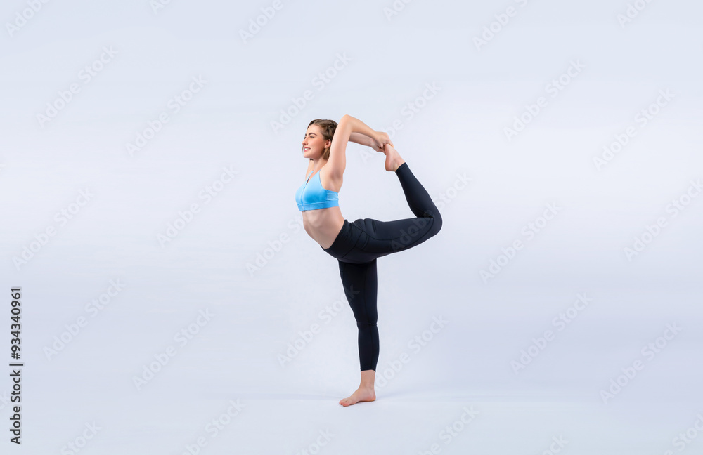 Full body length gaiety shot athletic and sporty woman doing healthy and meditative yoga exercise workout posture on isolated background. Healthy active and body care lifestyle Full body length gaiety shot athletic and sporty woman doing healthy and meditative yoga exercise workout posture on isolated background. Healthy active and body care lifestyle