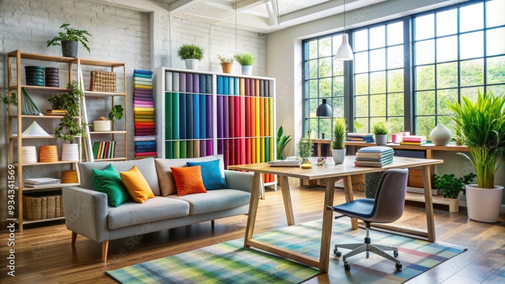 Vibrant color swatches and fabric samples fill a stylish studio, surrounded by sleek furniture and abstract artwork, showcasing a professional interior designer's creative space. Vibrant color swatches and fabric samples fill a stylish studio, surrounded by sleek furniture and abstract artwork, showcasing a professional interior designer's creative space.