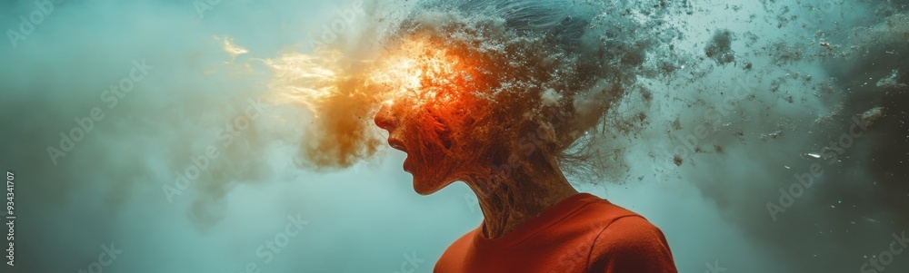 Man with a red shirt and a fire head, creative portrait, banner, copy space Man with a red shirt and a fire head, creative portrait, banner, copy space