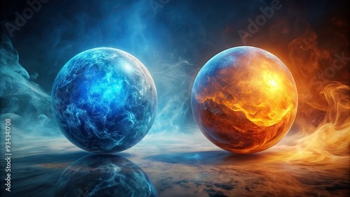 Vibrant contrasting spheres, one glowing bright blue and the other warm orange, floating side by side in a misty atmosphere, highlighting their distinct differences. photo