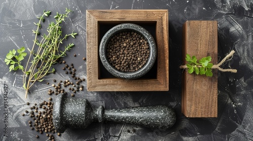 black mortar and pestle beside brown box in top view photography