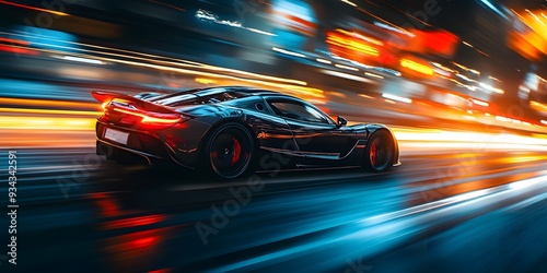 Futuristic sports car accelerating on an urban road with neon lights trailing photo