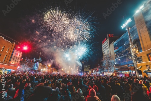 A large crowd gathers in a bustling city square to celebrate New Year's Eve, as colorful fireworks burst dramatically above, illuminating the festive atmosphere photo