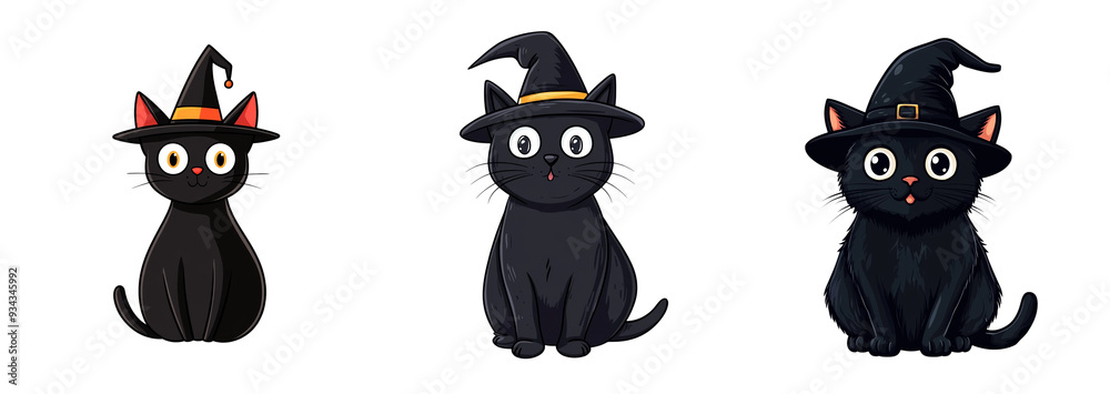 A collection of three black cats wearing witch hats, isolated on a transparent background, perfect for Halloween themes A collection of three black cats wearing witch hats, isolated on a transparent background, perfect for Halloween themes