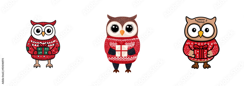A collection of cute cartoon owls in festive sweaters holding gifts, perfect for Christmas, isolated on a transparent background A collection of cute cartoon owls in festive sweaters holding gifts, perfect for Christmas, isolated on a transparent background