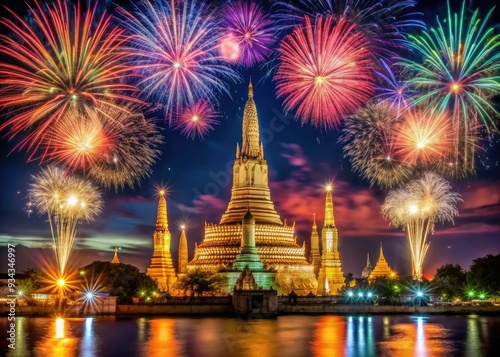 Vibrant fireworks illuminate the night sky behind majestic Wat Arun Temple's 79-meter-tall spire, celebrating the exotic New Year's Eve countdown in Bangkok, Thailand.