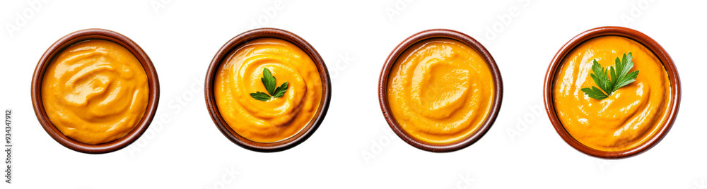 A collection of four bowls of creamy pumpkin soup with garnishes, isolated on a transparent background, perfect for autumn or Thanksgiving themed content A collection of four bowls of creamy pumpkin soup with garnishes, isolated on a transparent background, perfect for autumn or Thanksgiving themed content