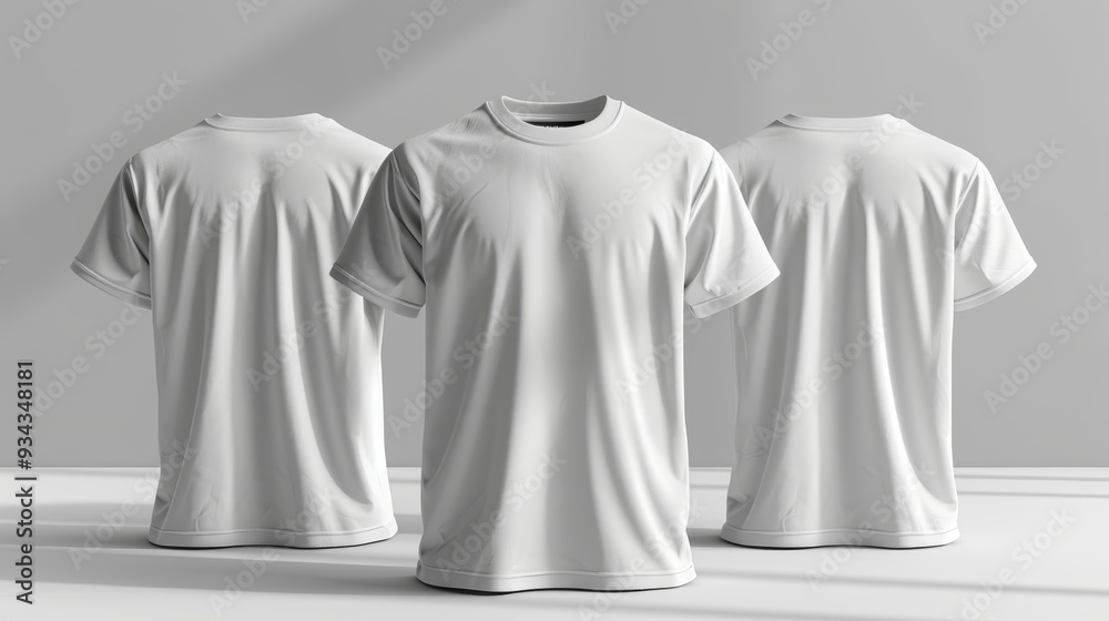 Three Blank White T-Shirts, Apparel Mockup, Isolated on White Background With Natural Shadows Three Blank White T-Shirts, Apparel Mockup, Isolated on White Background With Natural Shadows