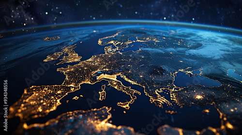 Beautiful night planet Earth with European countries: Italy, Germany, Poland, England, Belgium, Turkey, Moscow. Business and communication, concept. Amazing space and blue planet