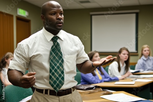 Professional development workshop led by a speaker in a business setting with participants engaged in discussion