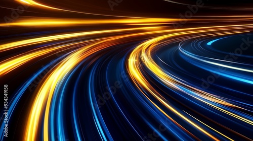 Abstract motion blur with bright yellow and blue light trails on a black background.