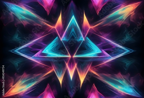 Neon triangular shapes in various colors forming a symmetrical pattern against a dark background